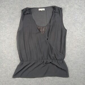 HEED Blouse Womens Large Gray Sleeveless Surplice V Neck Sheer Peplum Dressy Top